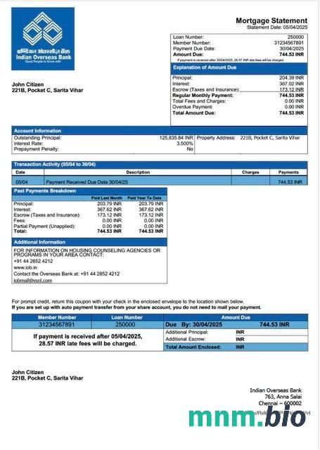 Indian Overseas Bank wyciąg z kredytu hipotecznego szablon Word i PDF
